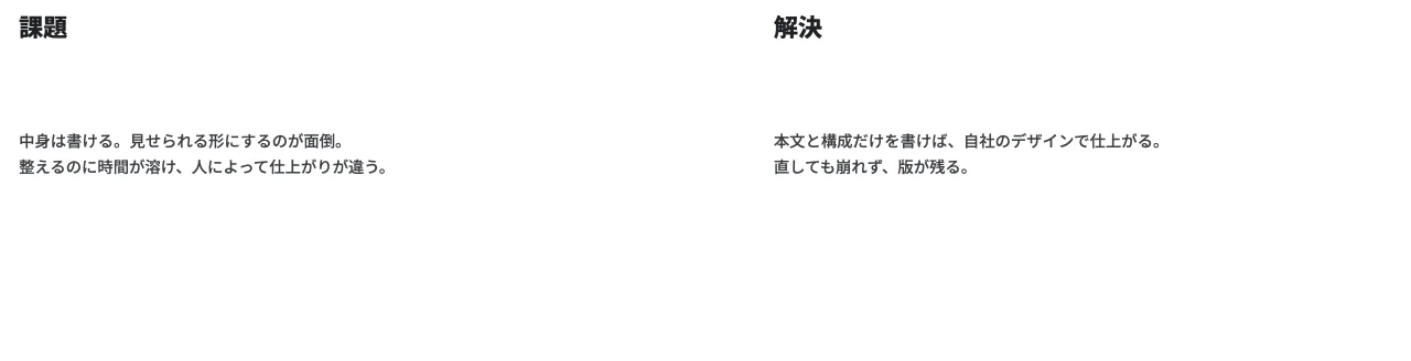 見出しつきの 2 段組の見本(見出しと文章を左右に 1 組ずつ)